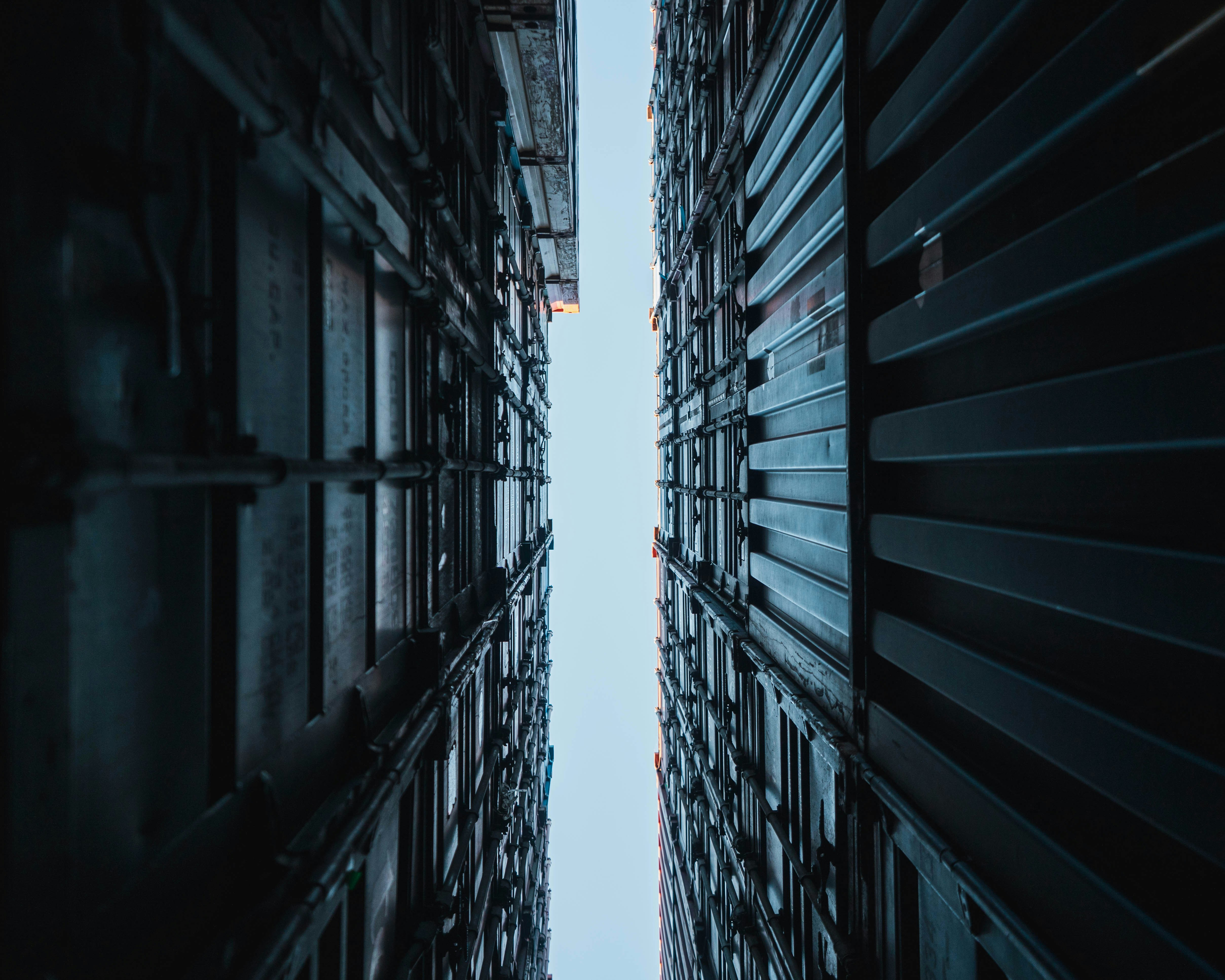 View upwards between stacked containers